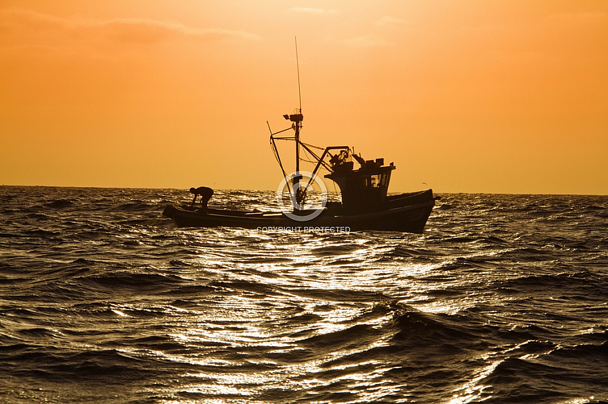 Fishing boat at sea during sunset